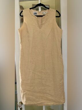 Nikki Valenti Irish Linen Beige Sleeveless Shift Dress Coastal Grandmother Read~